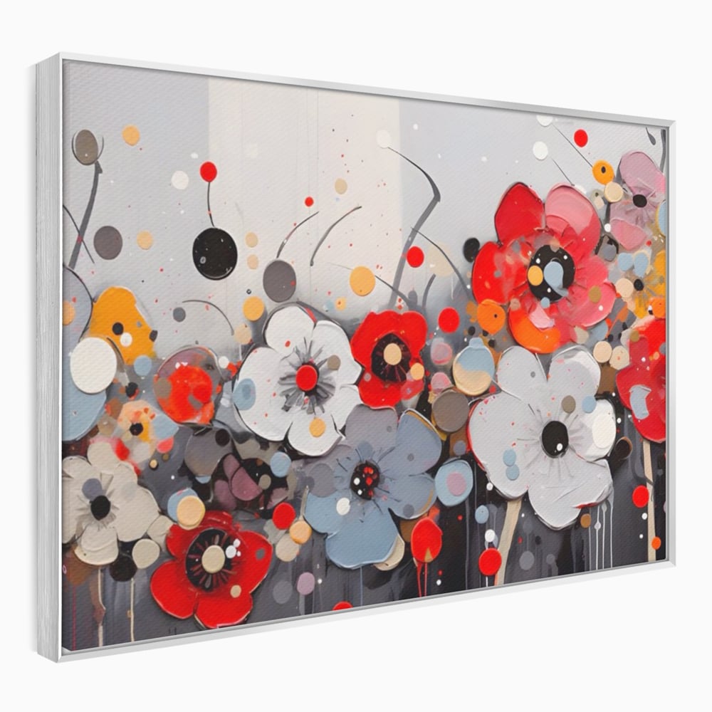Tablou canvas cu pictura canvas cu flori colorate in relief, in rama de aluminiu argintiu